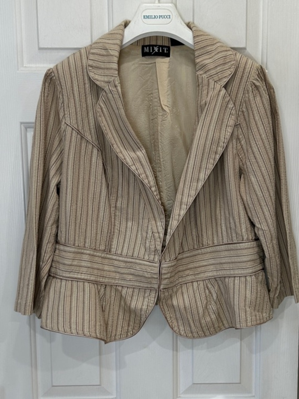 MIXIT Tan Neutral Pinstripe Cropped Peplum Blazer Jacket Cotton Plus Size 1X